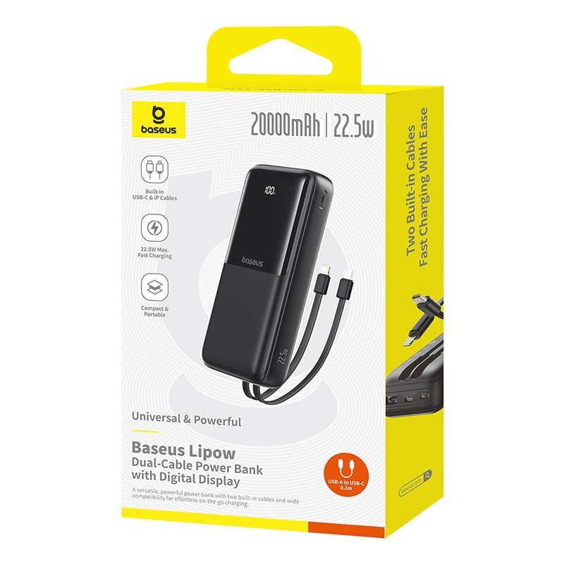 Sạc Dự Phòng Baseus Lipow 20000mAh – Cáp Kép, Màn Hình Kỹ Thuật Số, Công Suất 22.5W | BigBuy360 - bigbuy360.vn