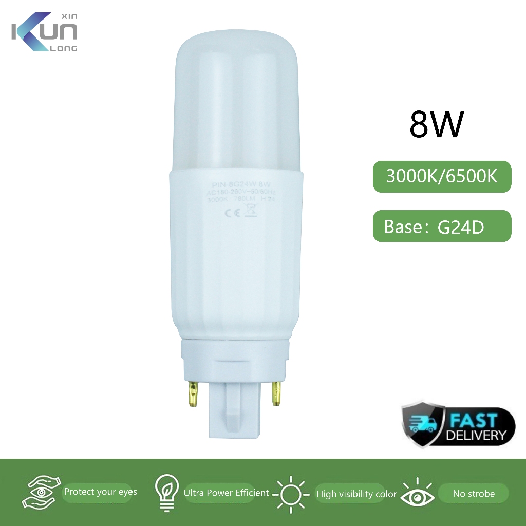 Xinkunlong G24d Đế Đèn LED Bóng Đèn Plc Bóng Đèn Ánh Sáng Ban Ngày 6500k Warmwhite 3000K 8Watt Cắm Ố