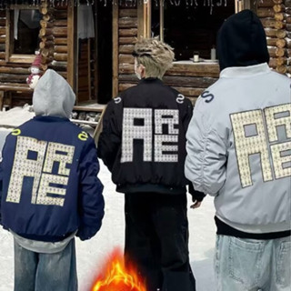  YAZHINIAO Áo khoác nam thêu chữ cái dáng rộng Áo khoác độn bông dày 