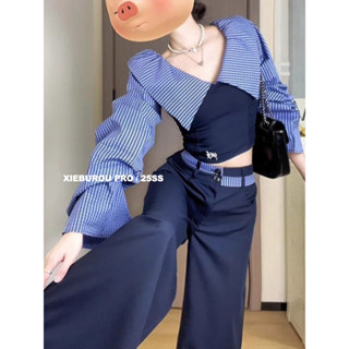 XIEBUROU Set đồ nữ Áo sơ mi dài tay sọc lệch vai Y2k Hàn Quốc / quần ống rộng lưng cao