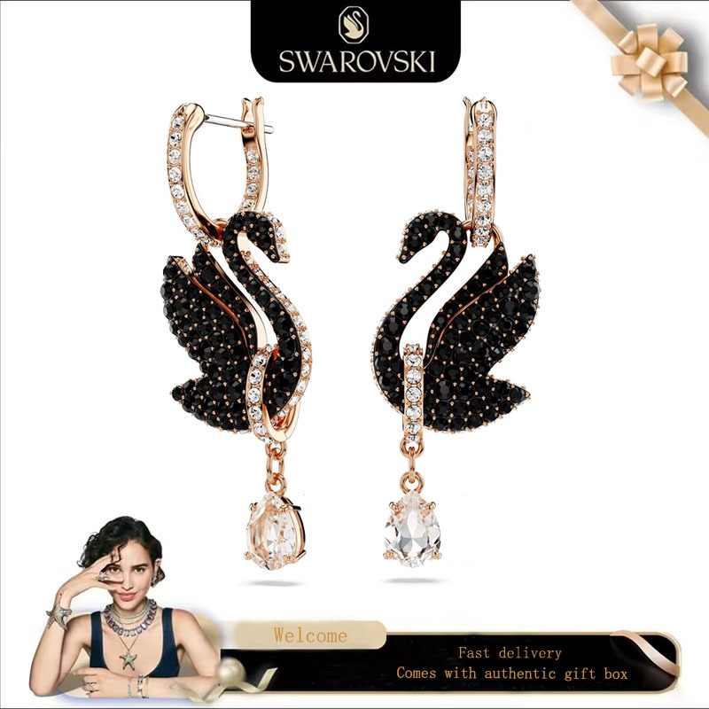 Swarovski (Mới) Thời TrangNữ Bông Tai Vàng Hồng Thiên Nga Đen Pha Lê Đá Quý Swarovski Bông Tai Thiên
