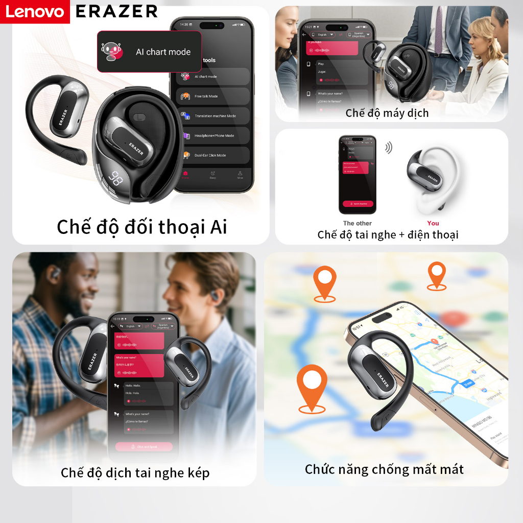 ERAZER X5 Al Thông Minh Thời Gian Thực Dịch Tai Nghe Không Dây Mở Tai Bluetooth 5.4 Có Màn Hình LED Tai Nghe Kinh Doanh Có Mic Chống Thấm Nước IPX5 | BigBuy360 - bigbuy360.vn