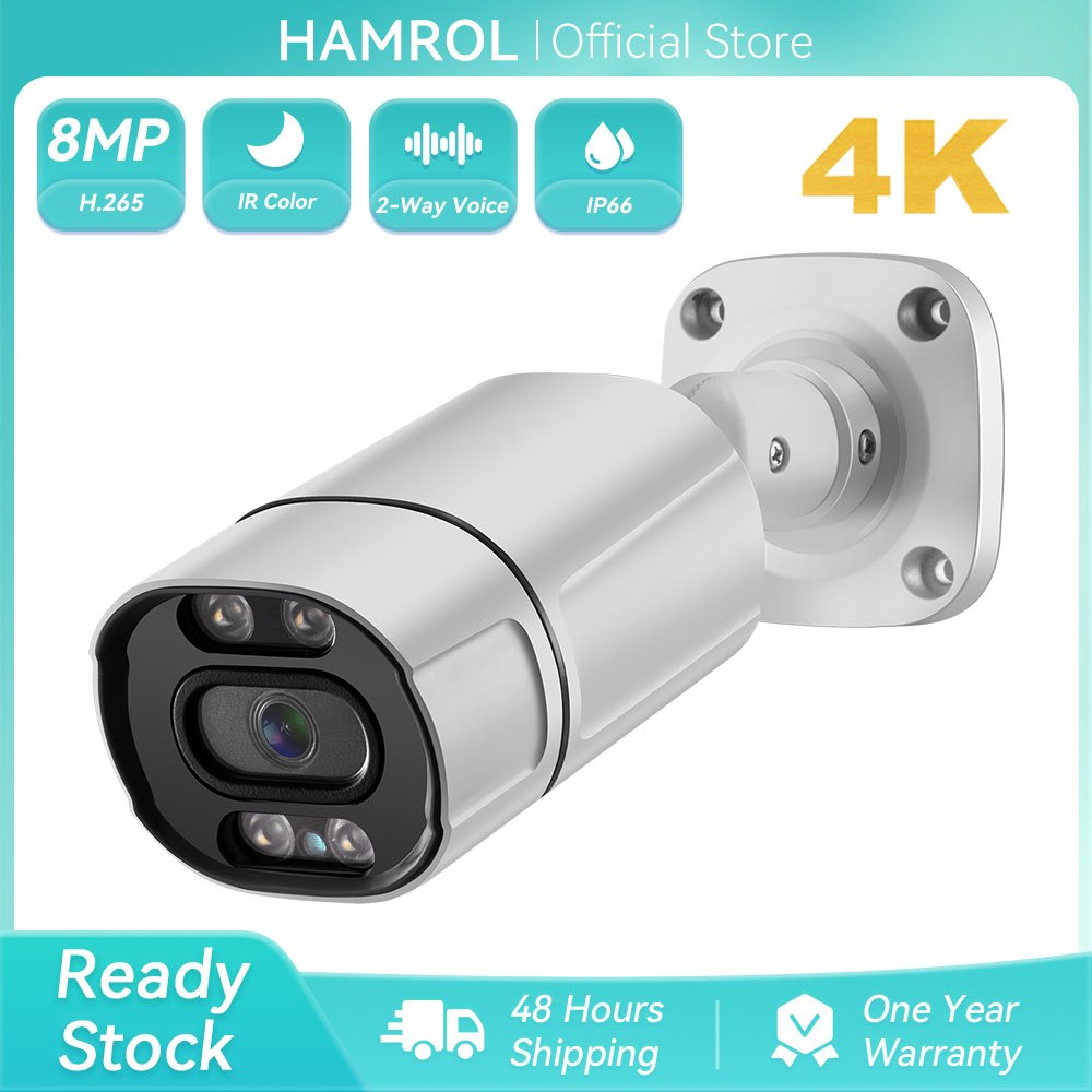 Hamrol 4K 8MP POE IP Camera Outdoor H.265 Color Night Vision Waterproof Outdoor Two Way Audio CCTV