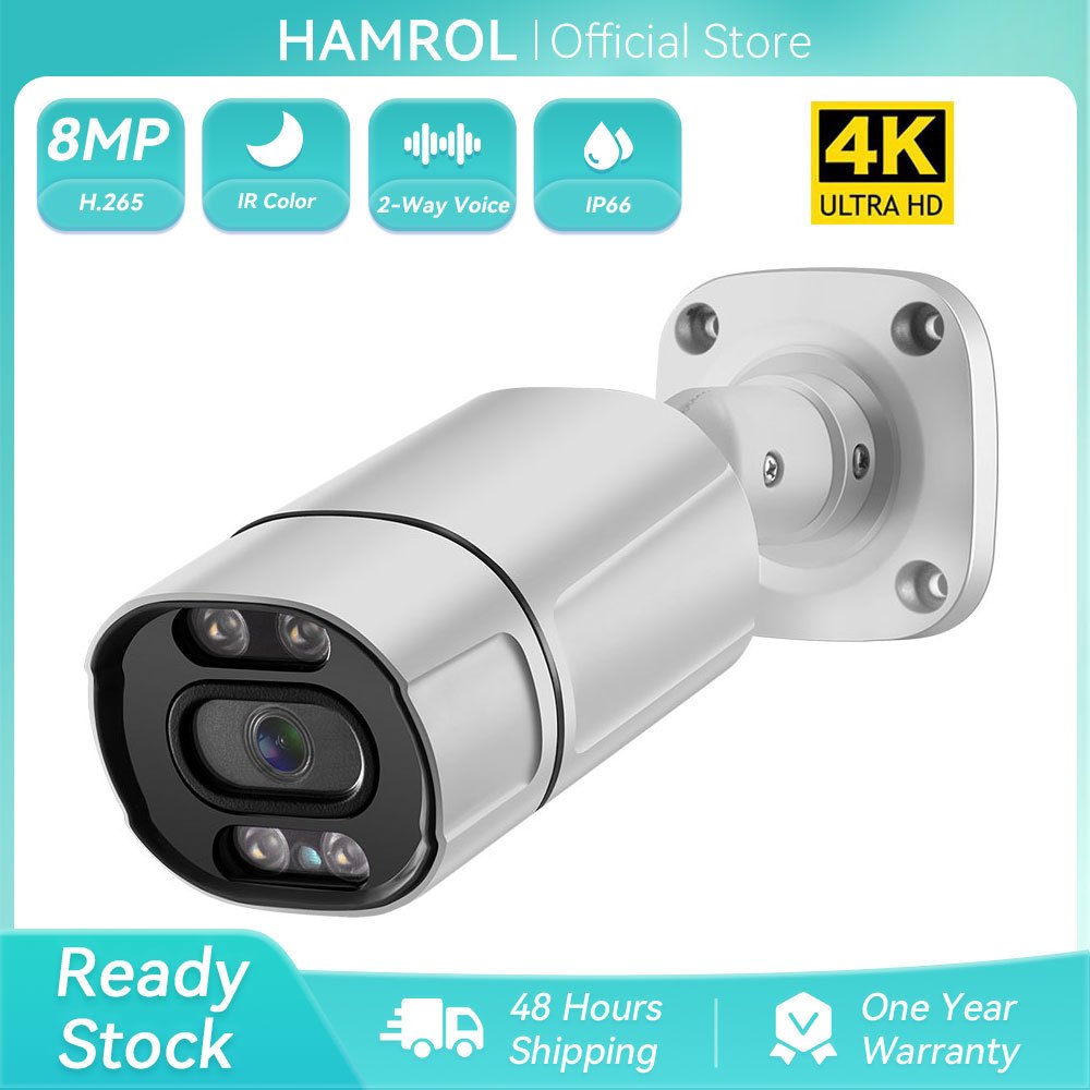 Hamrol 8MP 4K H.265 POE IP Camera  Outdoor Waterproof Color Night Vision Audio CCTV Video