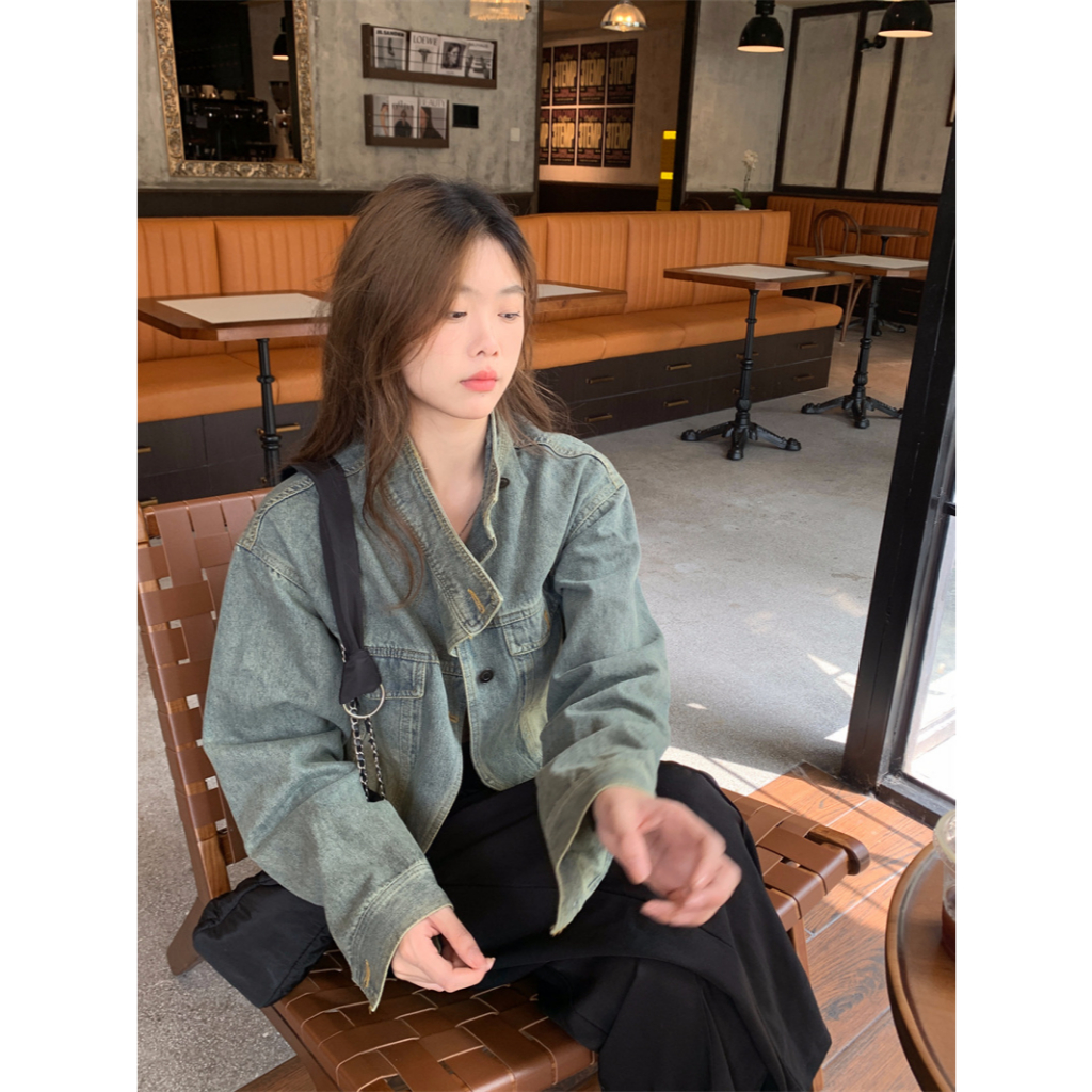 「MOTEL7」Áo Khoác denim Tay Dài Dáng Rộng Phong Cách retro Mỹ