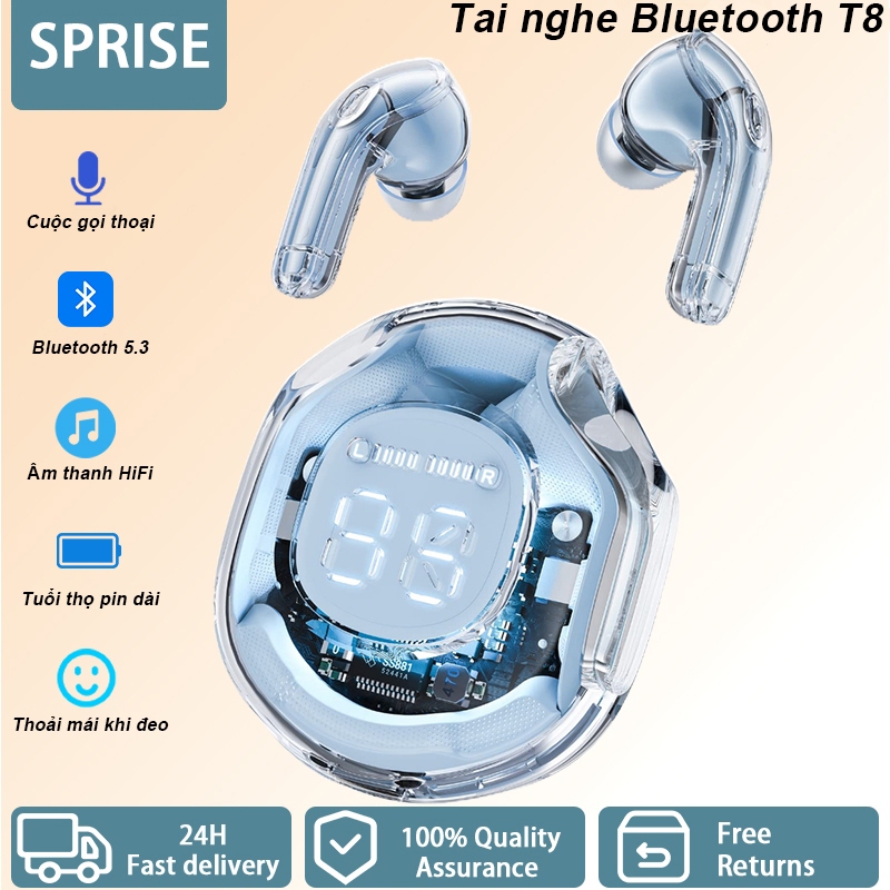 Tai nghe Bluetooth SPRISE T8 TWS không dây cao cấp  đầy màu sắc có dây buộc/vỏ/đèn LED HiFi khử tiếng ồn nhét tai trong suốt Điều khiển cảm ứng | BigBuy360 - bigbuy360.vn