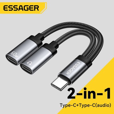 Bộ chuyển đổi âm thanh ESSAGER 2 trong 1 Type-C sang 3,5mm / Type-C + Cáp sạc