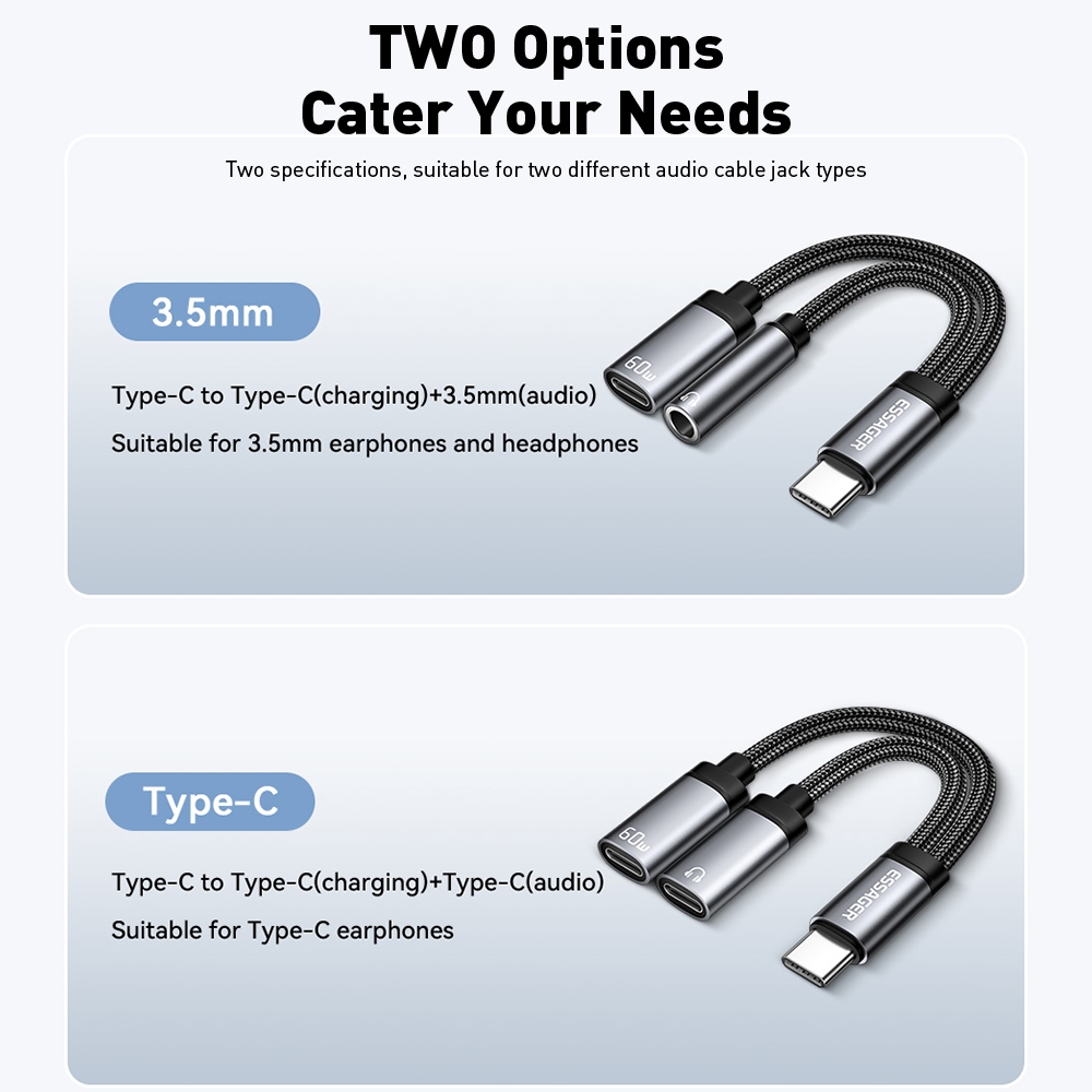 Bộ chuyển đổi âm thanh ESSAGER 2 trong 1 Type-C sang 3,5mm / Type-C + Cáp sạc | BigBuy360 - bigbuy360.vn