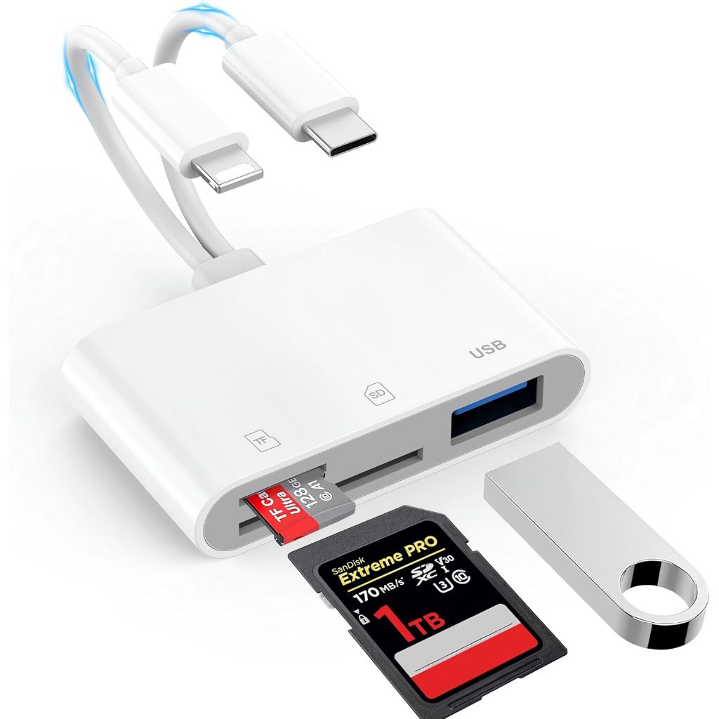 Đầu đọc thẻ SD cho iPhone iPad Mac, Bộ chuyển đổi máy ảnh kỹ thuật số sang đầu nối kép iPhone Lightning & Type-c, Trình xem thẻ nhớ máy ảnh Trail với khe cắm SD / TF / USB 3