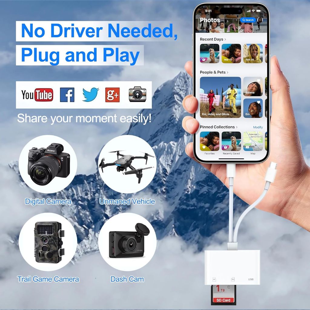 Đầu đọc thẻ SD cho iPhone iPad Mac, Bộ chuyển đổi máy ảnh kỹ thuật số sang đầu nối kép iPhone Lightning & Type-c, Trình xem thẻ nhớ máy ảnh Trail với khe cắm SD / TF / USB 3 | BigBuy360 - bigbuy360.vn