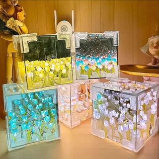 Topspins Tulip Đèn Ngủ, 20 Hoa Handmade DIY LED Trang Trí Đêm Đèn, Acrylic Magic Cube Loại Bỏ Túi Quà Tặng Hoa Tulip Đèn Bàn Quà Tặng Sinh Nhật