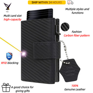 Chính Hãng Da Chính Hãng Hợp Kim Nhôm Ví Sợi Carbon RFID Chống Từ Tính Hộp Nhôm Đựng Thẻ Dây Kéo Thay Đổi Giá Đỡ Thẻ