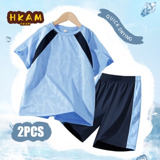 Áo thun bé trai HKAM Lưới trẻ em Bộ đồ màu tương phản khô nhanh, thấm mồ hôi thoáng khí, màu trơn Unisex