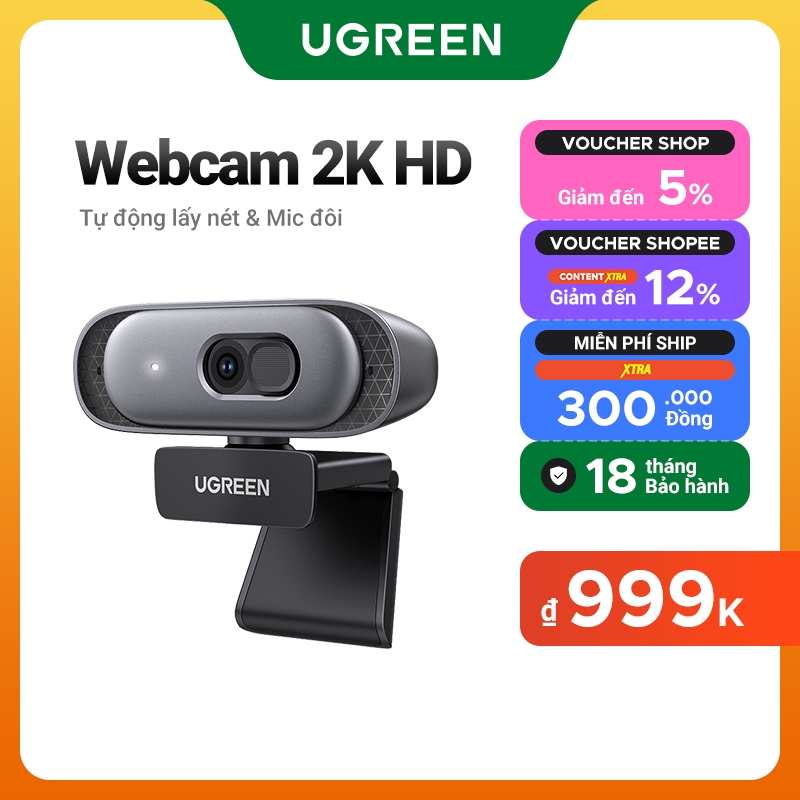 Ugreen HD Webcam 2K Ultra HD Micro kép Tự động lấy nét Tự động chỉnh sửa ánh sáng để phát trực tuyến Hội nghị Zoom Skype YouTube Desktop
