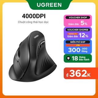 Chuột dọc không dây UGREEN (Bluetooth 5.0+2.4G) Chuột công thái học có 5 nút, 1000/1600/2000/4000 DPI, Chống kẹt tay chuột, Chuột dọc tương thích với PC/Laptop/Máy tính bảng, Màu đen