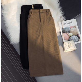  Chân váy nhung kẻ kẻ Jiashucheng váy dài cạp cao chữ a mẫu dài vừa thu đông cho nữ váy nhung sọc xẻ tà mùa đông váy mùa đông ống đứng 