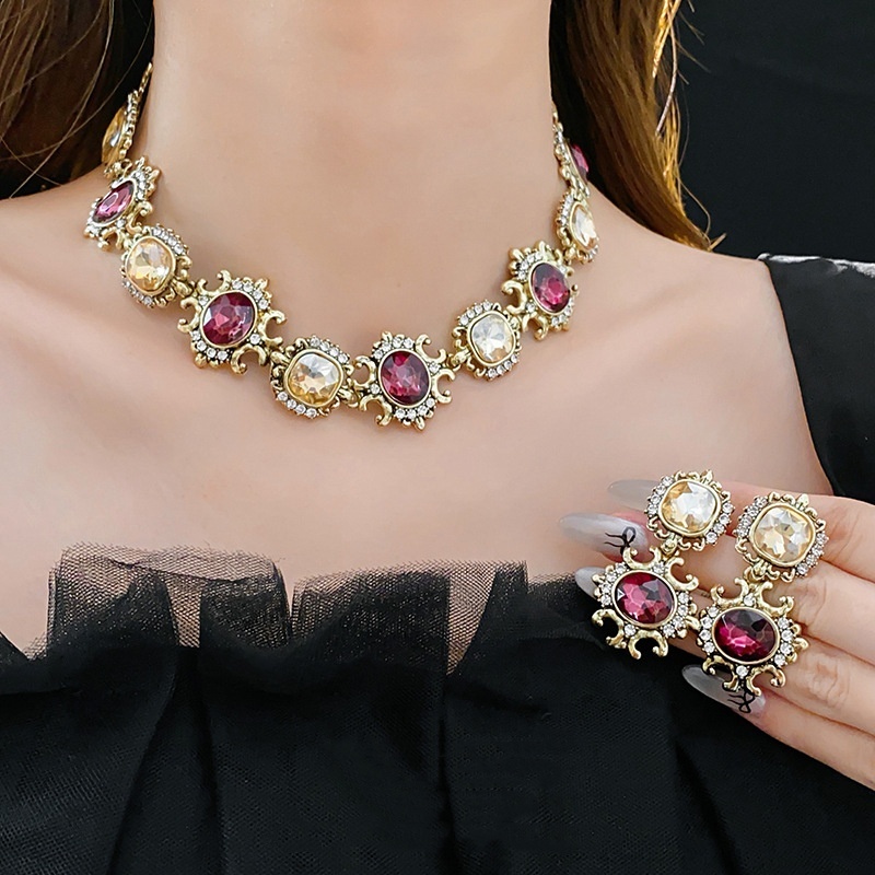 Bộ trang sức kim loại nữ Bộ bông tai vòng cổ pha lê Bộ trang sức nữ Trang sức tiệc cưới Trang sức