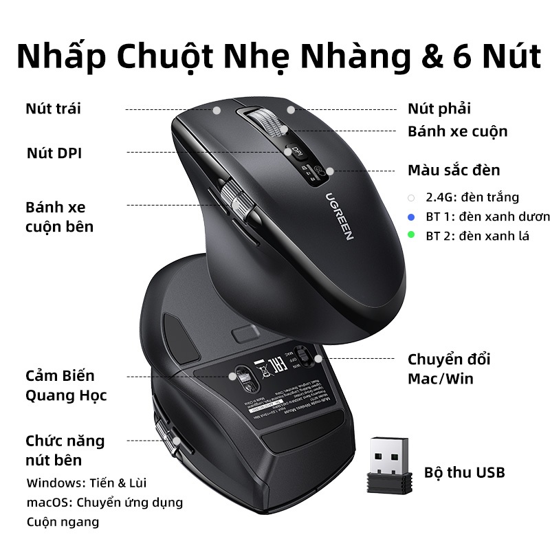 Chuột không dây cuộn siêu nhanh UGREEN Bluetooth 5.4 2.4G Công thái học 5000DPI cho máy tính bảng MacBook Máy tính xách tay Máy tính chuột | BigBuy360 - bigbuy360.vn