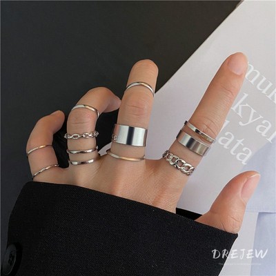 Nhẫn mở tròn DREJEW Punk 10 mảnh kim loại bạc trang sức tay thời trang