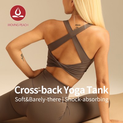 MOVING PEACH Áo thể thao dành cho nữ Thiết kế xuyên thấu Top Thoải mái Dây đeo vai rộng Yoga Crop Top Miếng đệm cố định Pilates Fitness Dance Trang phục hàng ngày CVN