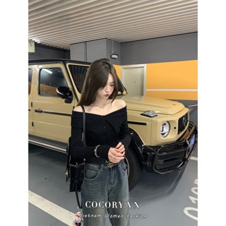 Cocorygirl Áo croptop Dệt Kim Tay Dài Trễ Vai Dáng Ôm y2k Thời Trang Quyến Rũ Cho Nữ