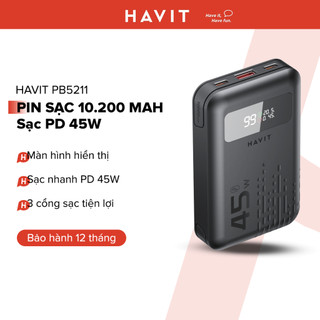 Power Bank 10.200 mAh Havit PB5211, Sạc nhanh PD 45W, Màn hình Led, Sạc 3 thiết bị cùng một lúc - Hàng chính hãng Havit