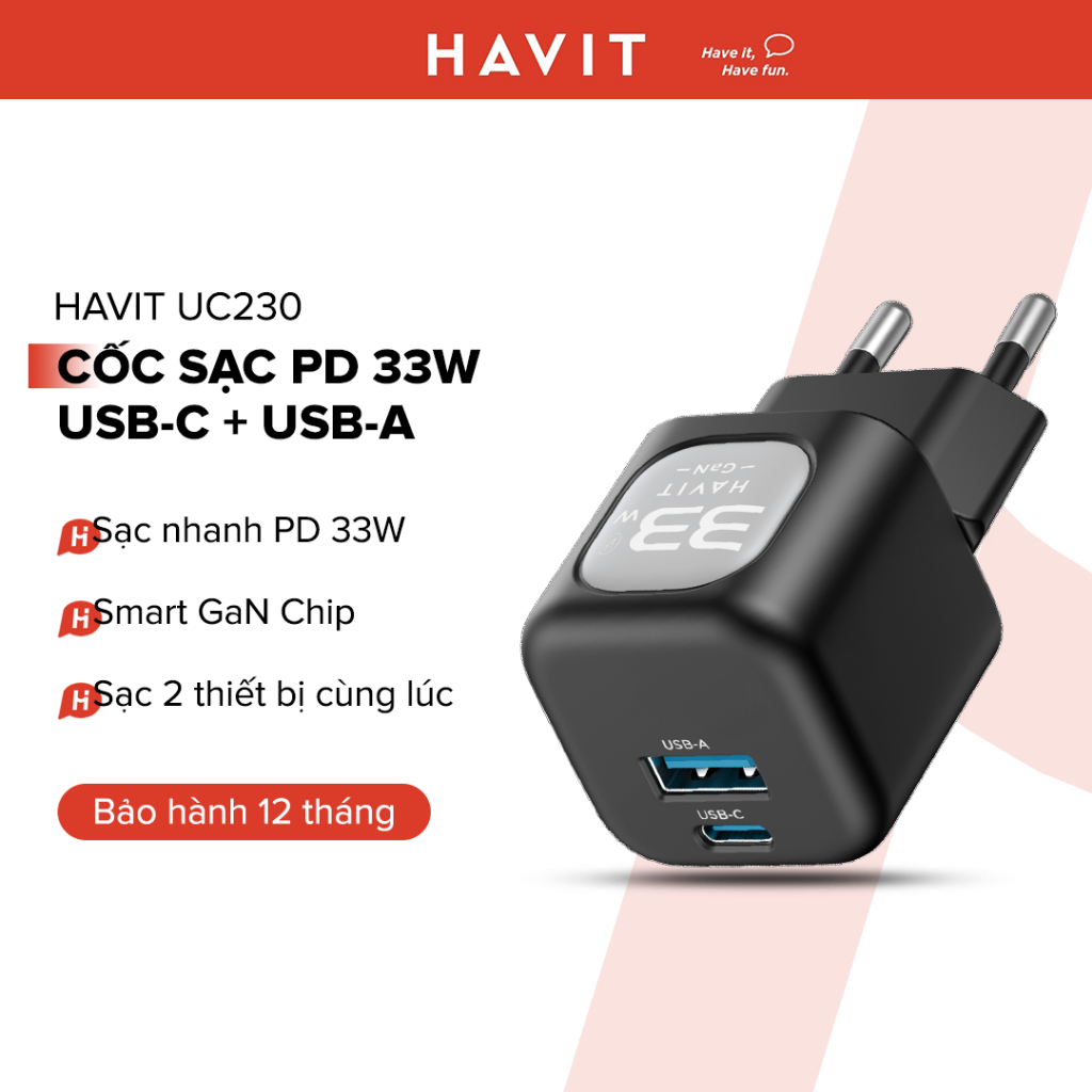 Cốc Sạc Nhanh HAVIT UC230, Smart GaN Chip 33W, Sạc Nhanh PD 30W + USB-A 30W - BH 12 Tháng