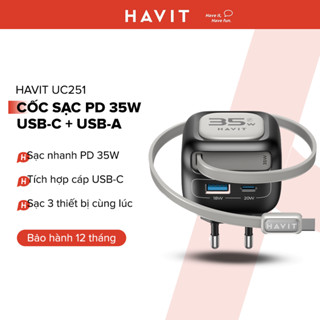 Cốc Sạc Nhanh HAVIT UC251, Cáp USB-C Sạc Nhanh PD 35W, USB-C 20W + USB-A 18W - Chính Hãng HAVIT