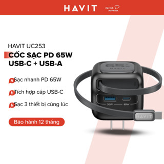 Cốc Sạc Nhanh HAVIT UC253, Tích Hợp Cáp USB-C PD 65W, USB-C 65W + USB-A 30W - BH 12 Tháng