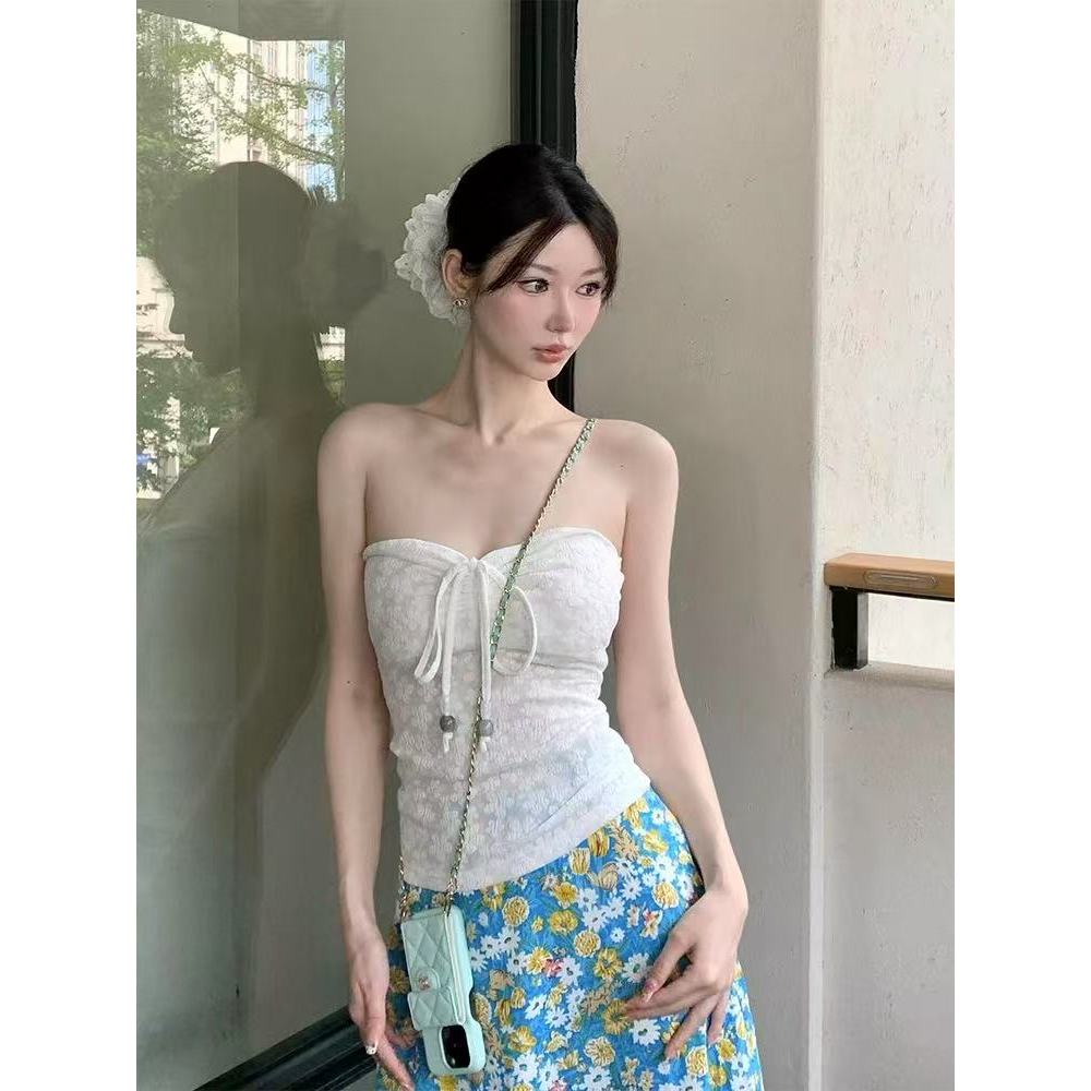 Honypove Dây đeo dây màu trắng Sling Top Nữ mùa hè Hot Girl Dây rút ống ngắn | BigBuy360 - bigbuy360.vn
