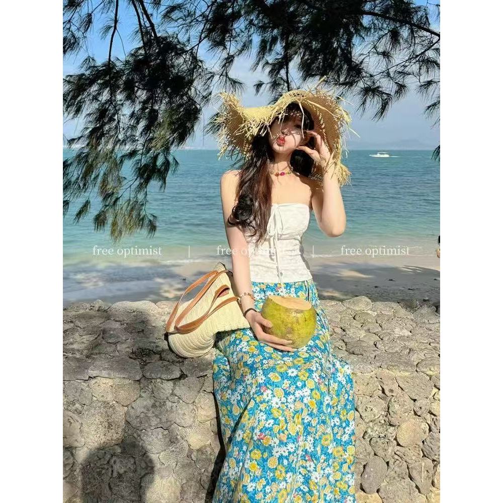 Honypove Dây đeo dây màu trắng Sling Top Nữ mùa hè Hot Girl Dây rút ống ngắn | BigBuy360 - bigbuy360.vn