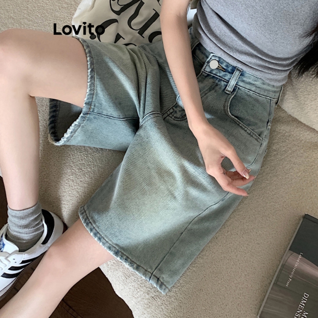 (KOL‘s pick) Quần short nữ jean cạp cao denim Lovito có túi màu trơn thường ngày cho nữ LNA19020 (Nhiều màu) | BigBuy360 - bigbuy360.vn