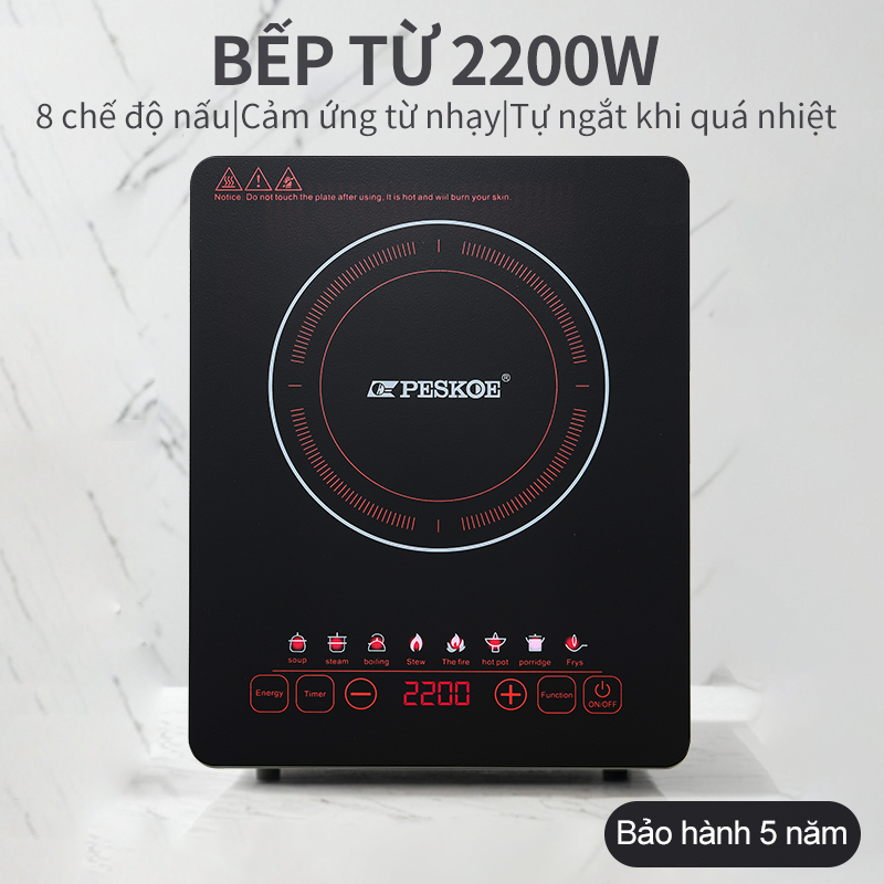 Bếp Từ 2200W Cao Cấp - Cảm Ứng Tinh Thể Chống Trầy Tiết Kiệm Điện 30% Đun Nóng Siêu Nhanh Chế Độ Nấu Đa Dạng An Toàn Gia Đình, Nấu Lẩu, Chiên Xào [COD] PESKOE