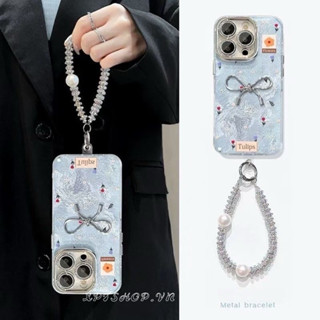 Ốp điện thoại chuỗi hoa Tulip hình nơ lập thể cho iPhone 16 Pro Max 16 Plus 15 Pro Max 14 13 12 11 Pro Max Long lanh có màng ống kính Vỏ bảo vệ chống sốc