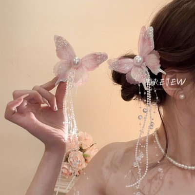 Drejew Bướm lưới tua rua ngọc trai nhân tạo kẹp tóc mỏ vịt kẹp thời trang đa năng phụ kiện tóc