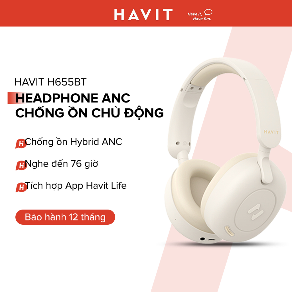 Headphone Bluetooth HAVIT H655BT, Hybrid ANC -35dB, Nghe Đến 76 Giờ, App Havit Life - BH 12 Tháng