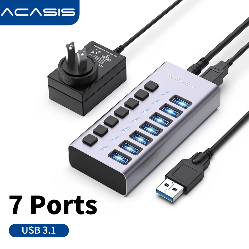 Arasis 7 cổng chạy bằng USB Hub USB 10Gpbs Hub dữ liệu USB3.1 với công tắc bật / tắt riêng lẻ và bộ 
