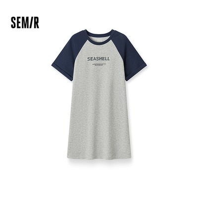 Semir Nữ In Chữ Quá Khổ Áo Thun Đầm Mùa Hè Cổ Tròn Màu Khối Raglan Tay Retro Thường Ngày
