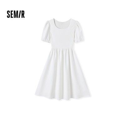 Semir Nữ Puff Tay Slim Fit Mềm Mại Thanh Lịch Mùa Hè Đa Năng Chắp Vá Thắt Lưng Họa Tiết Midi Đầm