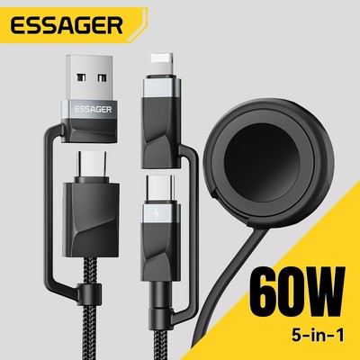 Cáp sạc nhanh đồng hồ ESSAGER 5 trong 1 USB-A / Type-C sang Micro / iPh / Type-C / ip Tương thích hoàn toàn với cổng sạc điện thoại di động