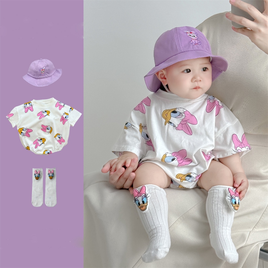 Bộ áo liền quần bé gái sơ sinh Disney Dễ thương in hoa cúc ngắn tay Chất liệu Cotton Quần áo