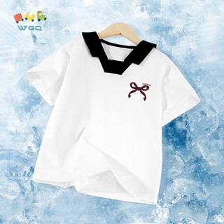 W.G.Q  Áo thun bé gái , Thiết kế cổ áo POLO phong cách Preppy, thoáng khí có in nơ