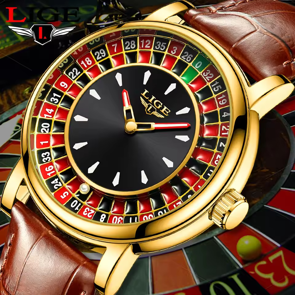 Đồng hồ nam LIGE Thời trang Đồng hồ da Roulette may mắn Đồng hồ thạch anh dạ quang chống nước