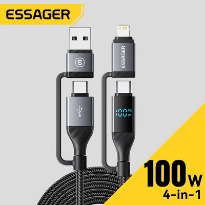 Essager 100W Cáp Sạc Nhanh 4 Trong 1 Type-C Micro Ip 480Mbps Chuyển Đồng Bộ & Cáp Sạc Cho iP Android