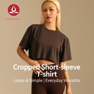 MOVING PEACH Nữ Thể Thao Crop Top Thư Giãn Phù Hợp Với Thoáng Khí Chạy Bộ Tập Thể Dục Cổ Điển Crew Neckline Áo Thun Không Có Áo Ngực Bên Trong ATL