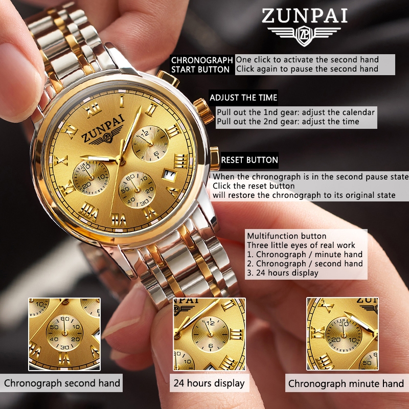 ZUNPAI Đồng hồ thông thường dành cho doanh nhân Không khí đơn giản Đồng hồ bấm giờ ba mắt đa chức năng Đồng hồ bơi thể thao chống thấm nước bằng thép không gỉ Đồng hồ phổ biến Chức năng lịch Đồng hồ thạch anh | BigBuy360 - bigbuy360.vn