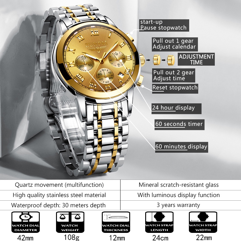 ZUNPAI Đồng hồ thông thường dành cho doanh nhân Không khí đơn giản Đồng hồ bấm giờ ba mắt đa chức năng Đồng hồ bơi thể thao chống thấm nước bằng thép không gỉ Đồng hồ phổ biến Chức năng lịch Đồng hồ thạch anh | BigBuy360 - bigbuy360.vn