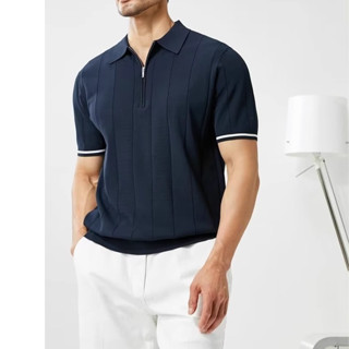 Nam Thoáng Mát Sọc Áo Sơ Mi Polo Nửa Dây Kéo Không Viền Mùa Hè Đi Lại MEASON B62