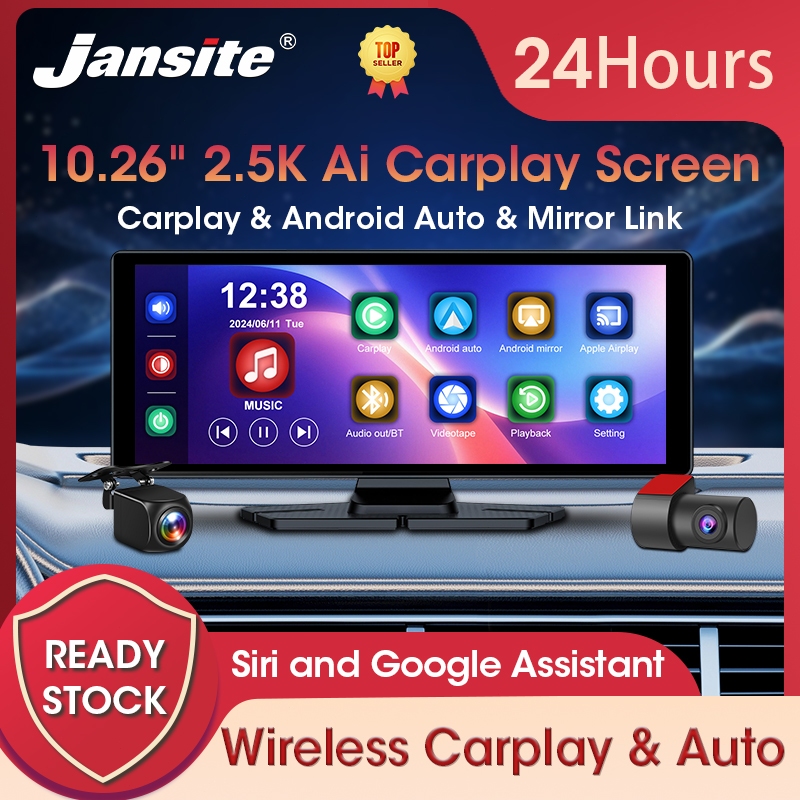 Jansite 10.26 inch Dash Cam WithVoiceControl Carplay và Android Auto DVR Đầu ghi trước 2.5K Phía sau