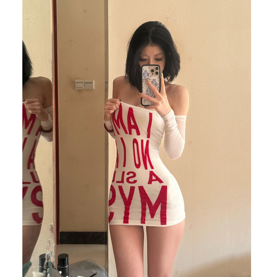 Mỹ Hot Girl Một Vai In Hình Đầm Dài Tay Gợi Cảm Slim-Fit Ôm Hơn Nhìn Bên Trong Hông | BigBuy360 - bigbuy360.vn